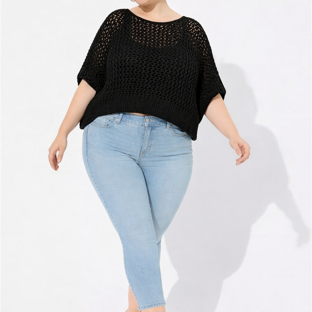 torrid Black Cropped Open-Knit Crewneck Sweater